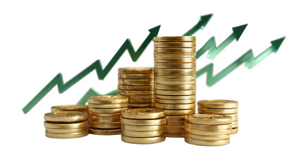 Gold coins stacked in increasing tiers with upward trending arrows