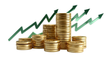 Gold coins stacked in increasing tiers with upward trending arrows