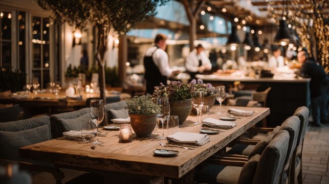 A beautifully arranged dining table in a cozy restaurant. The setting features wooden furniture, potted plants, and warm lighting. Staff members are preparing food in the background.