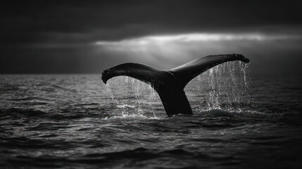 Whale tail rises in ocean, splashing, with dramatic light in grayscale photography