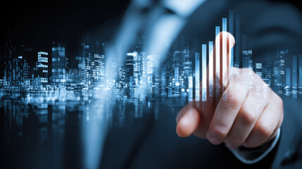 Businessman pointing at digital graph with city skyline in background, representing growth and technology in finance. image conveys innovation and progress in urban development