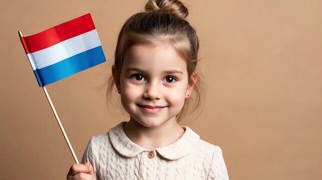 Smiling young girl holding a small flag of Luxembourg. She has brown hair styled in a bun and wears a light-colored sweater. The background is neutral.