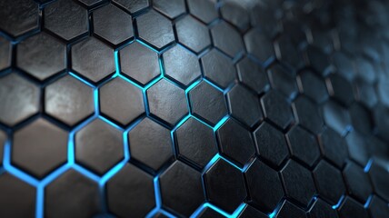 Metallic hexagonal pattern with blue glow. AI generated