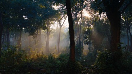 Fototapeta premium Misty forest morning with soft sunrise glow. AI generated