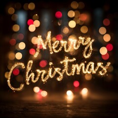Warm festive Christmas scene with the glowing handwritten neon style text &lsquo;Merry Christmas&rsquo; in bright golden orange lights. Soft bokeh background with colorful blurred holiday lights, creating a cozy,