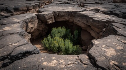 Obraz premium Lush green plants thriving in a rocky pit surrounded by rugged stone formations.