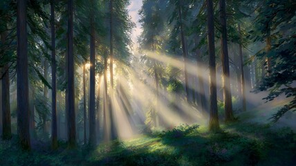 Sunlight through dense forest canopy. AI generated