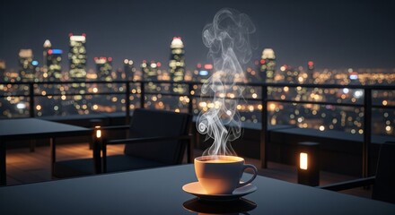 image of a steaming cup of coffee on a table at a rooftop of a tall building.