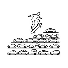 Skateboarder jumping over cars traffic jam illustration for extreme sports and urban lifestyle content 100