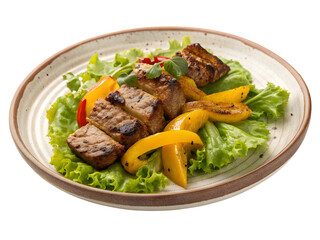 Sliced grilled meat with yellow peppers and lettuce on a rustic plate beef pork