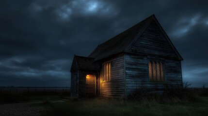 Obraz premium Mysterious wooden cabin under a stormy sky with glowing windows and eerie ambiance.