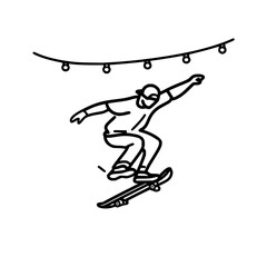 Fototapeta premium Skateboarder outline vector illustration performing trick under string lights for extreme sports design needs