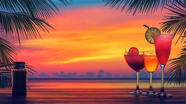 Tropical sunset cocktails vibrant drinks on wooden deck with palm fronds and ocean view
