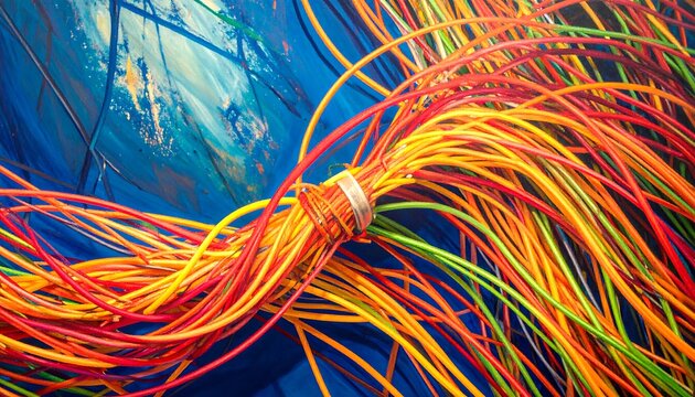 Colorful cables on a blue surface