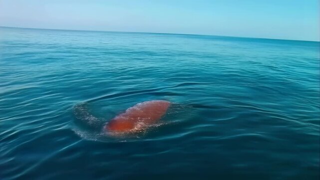 A vivid orange object breaking the surface of the serene blue ocean waters, creating ripples and splashes beneath a clear sky