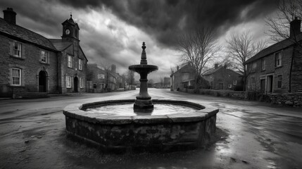 Serene village square with a timeless stone fountain under dramatic skies.