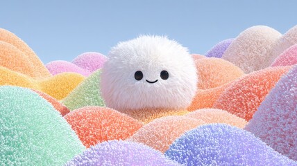 Fototapeta premium Smiling fuzzy white ball among colorful soft shapes. AI generated