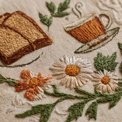 Obraz premium Embroidered Tea Time - Toast, Cup, and Daisies on Linen.