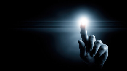 Hand reaching out with glowing light at fingertip creates sense of wonder and curiosity. dark background enhances luminous effect, emphasizing connection between hand and light
