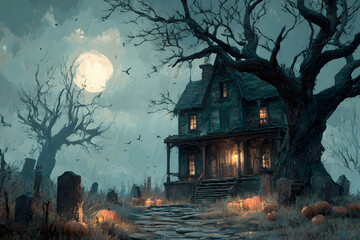 Happy halloween banner or party invitation backgroun with haunted house, graveard, dead tree and pumpkin.