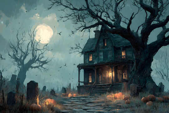 Happy halloween banner or party invitation backgroun with haunted house, graveard, dead tree and pumpkin. - Powered by Adobe