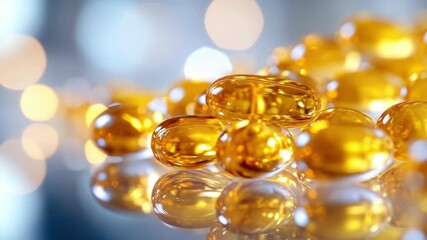 Close-up of translucent yellow gel capsules on reflective surface with blurred lights in background - Powered by Adobe