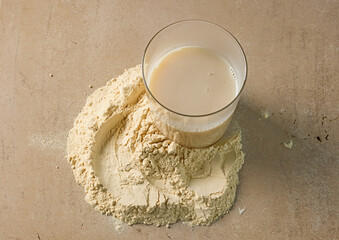 protein powder and glass. dry mixture for preparation of sporting or dietary drink.