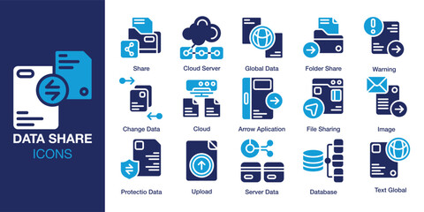 Data Share icon set. Containing data, share, cloud, upload, download, and more. Solid vector icons collection. Vector illustration.