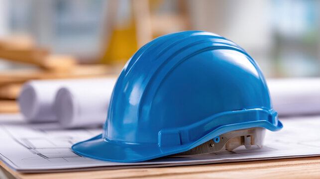Blue hard hat rests on architectural blueprints, symbolizing safety and construction. vibrant color and design highlight its importance in building industry, ensuring worker protection