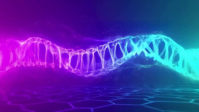 Futuristic 3D representation of a DNA helix with glowing particles in vibrant blue and pink colors on a hexagonal grid - Powered by Adobe