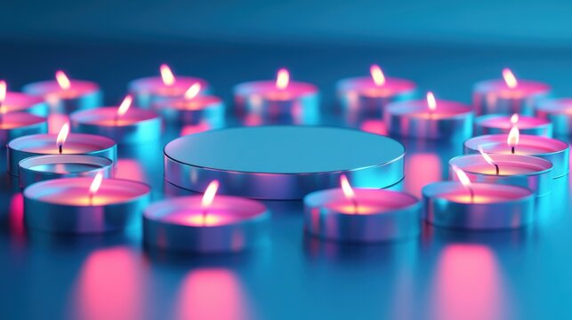 Colorful teal and pink candles on a round display platform