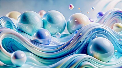 Abstract Flowing Waves with Iridescent Spheres and Bubbles Creating a Dreamy Aquatic Landscape