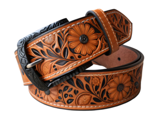 Intricately tooled leather belt with floral motifs and metal buckle isolated on a transparent background
