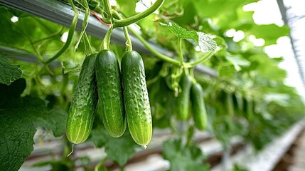 Ripe cucumbers hanging on the vine within a modern greenhouse, illustrating the principles of sustainable agriculture and promoting local food production for healthier communities