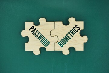 Wooden puzzle with the words password and biometrics. passwords are something you know, while biometrics are something you are or do