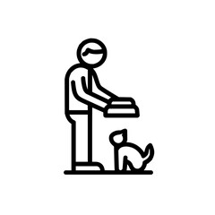 Feeding pet outline vector illustration of person feeding cat from bowl in line art style design element