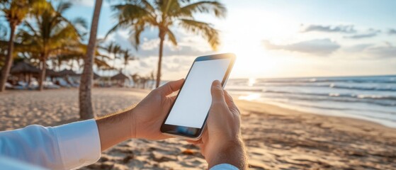 Man is holding a cell phone on a beach. The beach is empty and the sky is clear