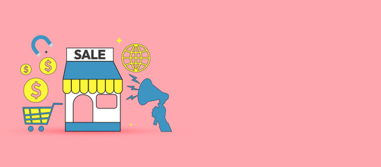 Generating sales from store concept backdrop design with copy space on the side. Growth, money, business, strategy, ecommerce, store, online, shopping