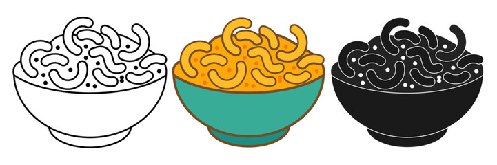 Mac and cheese outline, color, and silhouette in a Bowl vector illustration with creamy sauce