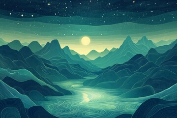 Obraz premium Enchanted landscape night scene with planets and moons. AI generative