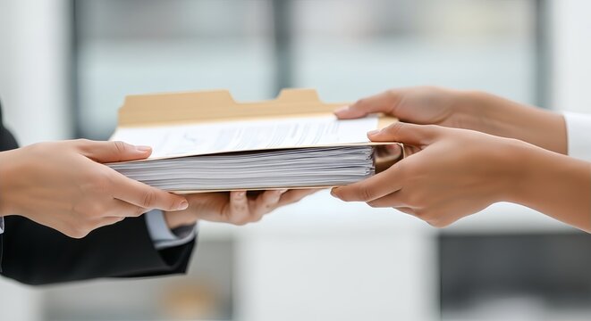 Close-up of two hands exchanging a file folder filled with documents, suggesting a business transaction or handover.