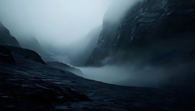 Misty mountain pass with rocky terrain and fog obscuring the view between the cliffs.
