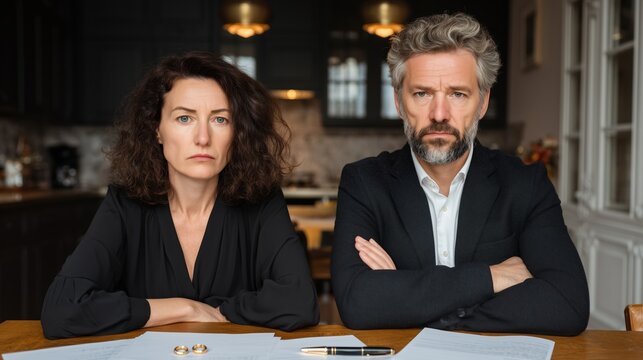 A serious middle-aged Caucasian man with gray hair and a middle-aged Caucasian woman with curly hair sit at a table with documents and pens in a modern kitchen.