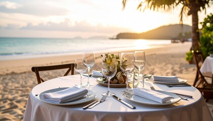 Luxurious dining table elegantly set on a tranquil beach at sunset, bathed in golden light, creating a romantic ambiance for an unforgettable outdoor dinner