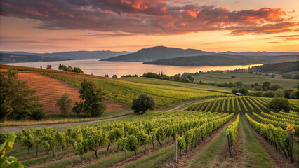 Sunset over a serene vineyard landscape by a lake with rolling hills and lush grapevines in the foreground