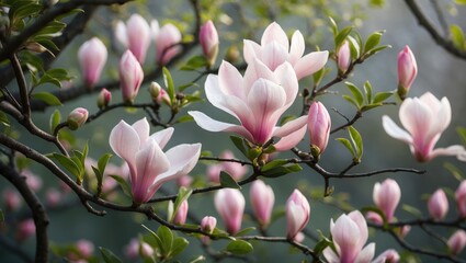Fototapeta premium Magnolia blossoms on branches with pink and white flowers, green leaves, and a blurred background.