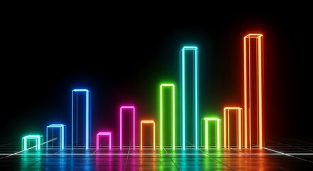 A vibrant, colorful neon bar graph illustration against a dark background, reflecting on a glossy surface.