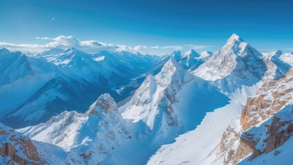 Naklejka premium Snow-covered mountain range with peaks and valleys in the Himalayas.
