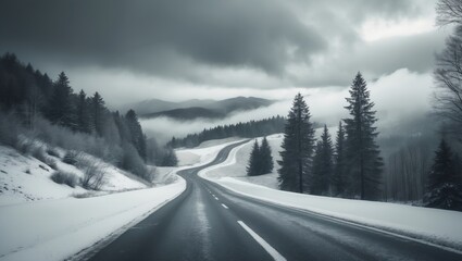 Snow-covered mountain road through dense forest under cloudy skies. Winter landscape with winding highway and tall pine trees.