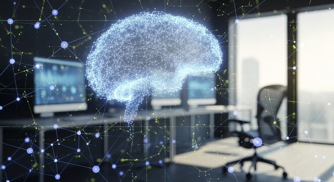 Digital brain overlayed on a modern office with computers, representing artificial intelligence and technology.